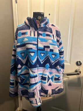Columbia West Bend Full Zip Fleece Jacket Womens 3X Plus Blue Pink Geometric Azt